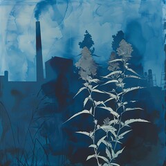 floral background of blue cyanotype silhouette plant - 747387382