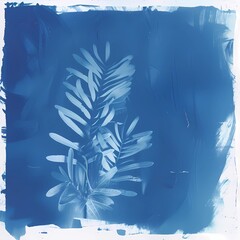 floral background of blue cyanotype silhouette plant - 747387384