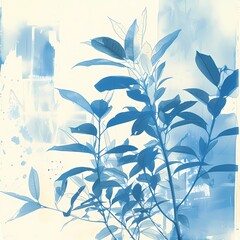 floral background of blue cyanotype silhouette plant - 747387392
