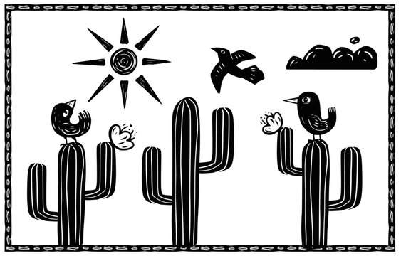 Desert landscape, cordel literature frame. Vector in woodcut style