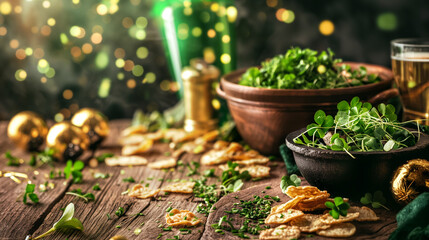 Food on a wooden table on St. Patrick's Day, front view shot, st patrick Day theme copy space on left - obrazy, fototapety, plakaty