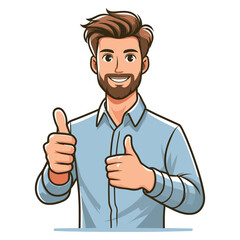 Man giving thumbs up vector illustration, happy guy showing OK gesture, approval sign, positive emotion, work done sign design template isolated on white background