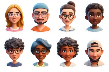 3d avatar renders characters with different people isolated on white background - obrazy, fototapety, plakaty
