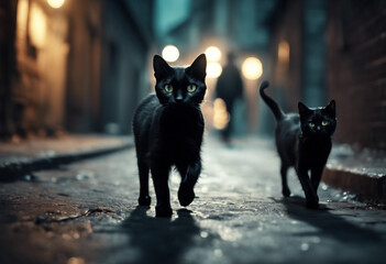 Group of creepy black cats walking on dark alley Illustration - Powered by Adobe