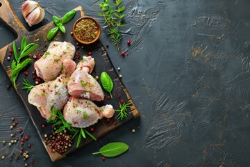 raw chicken meat on a wooden board with herbs and spices, in the style of dark gray, aerial photography