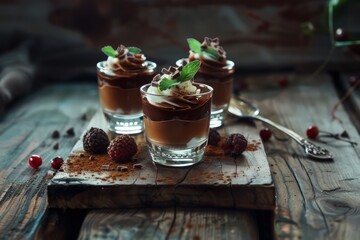 chocolate mousse in dessert glass custard dessert in glass dishes on wooden surface, in the style of dark red and white