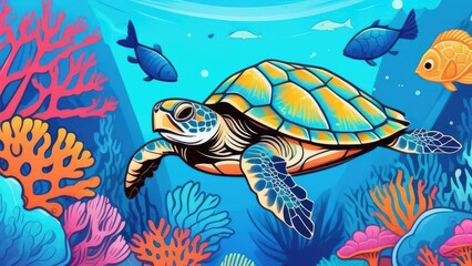 sea turtle swims among corals and fish in the azure tropical sea, concept for vacation, travel.