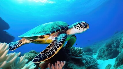 Fototapeta premium sea turtle swims among corals and fish in sunlight, azure tropical sea, vacation, travel concept.