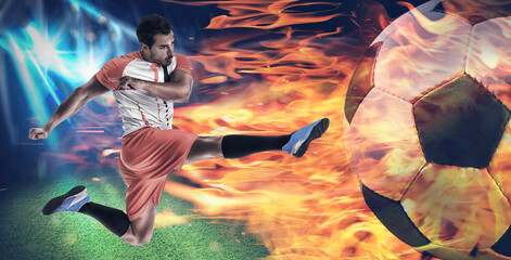 Sports betting, online bookmaker service. Football player kicking big burning soccer ball at...