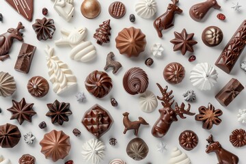 christmas list on white background with chocolate, candies and reindeer, in the style of dark maroon and light beige, aerial photography