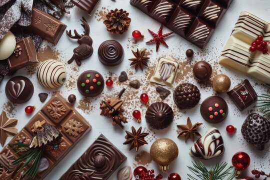 christmas list on white background with chocolate, candies and reindeer, in the style of dark maroon and light beige, aerial photography