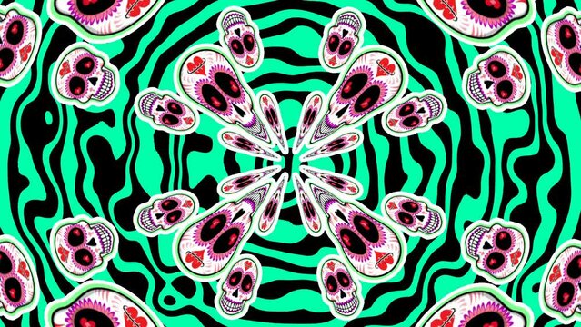 Seamless psychedelic background with Mexican sugar skulls spiral. Halloween vector style animation with catrina illustration 