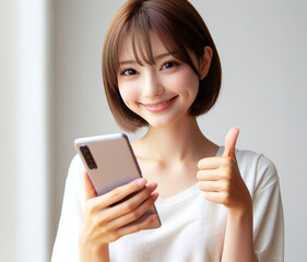 Fototapeta premium SNSを見て「いいね」のポーズをする美少女 