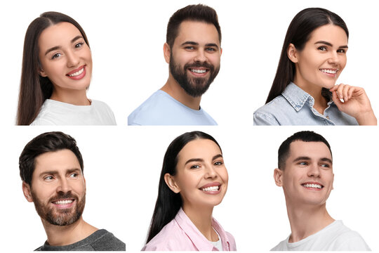 People showing white teeth on white background, collage of photos