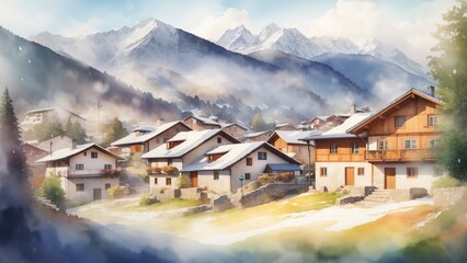 Fototapeta na wymiar Charming mountain village watercolor