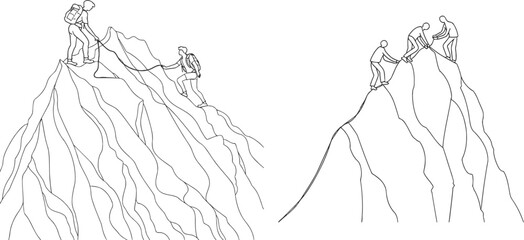Continuous one line drawing group of people man woman helping each other hike up a mountain