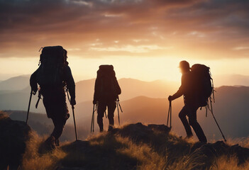Silhouettes of hikers climbing the mountain at sunset - Powered by Adobe