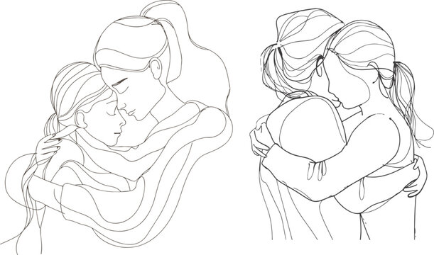 continuous line drawing of mother and daughter hugging each other