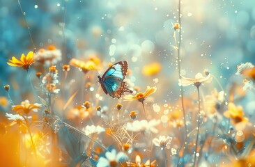 flowers and butterflies flutter in a spring sun, in the style of light yellow and azure, romantic scenery, tilt shift, gold and blue