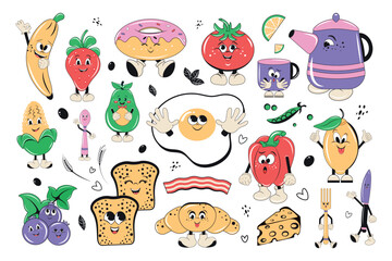 A set of funny characters. Vegetables, fruits, dishes, pastries, berries and eggs. A fun breakfast. Vector design