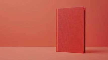 A blank notebook slightly ajar with a textured fabric cover on a coral background offering warmth and a welcoming space for writing