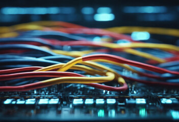 Web banner of glowing data cables transferring information inside computer server