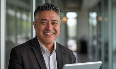 Fototapeta premium Middle aged senior handsome latino businessman in daylight office with glass walls holding tablet and smiling to camera