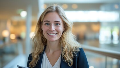 Young beautiful blond caucasian business woman or CEO executive manageer standing in light office with glass walls holding tablet and smiling at camera