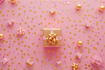 Fototapeta na wymiar gold gift box with bow on pink background, top view, flat lay, confetti dots, naive, dark white and light orange