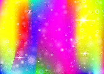 Fairy background with rainbow mesh.  Mystical universe banner in princess colors. Fantasy gradient backdrop with hologram. Holographic fairy background with magic sparkles, stars and blurs.