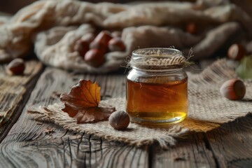 hazelnuts and hazelnut oil in a glass jar on a wooden background