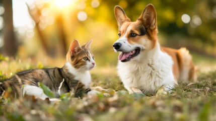 Joyful Dog and Kitten Enjoying a Peaceful Moment Together Outdoors.