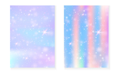 Rainbow background with kawaii princess gradient. Magic unicorn hologram. Holographic fairy set. Creative fantasy cover. Rainbow background with sparkles and stars for cute girl party invitation.
