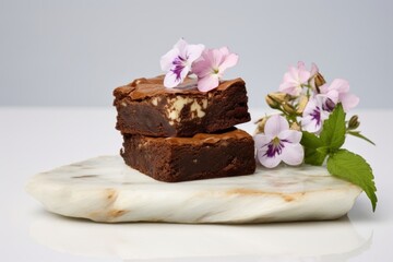 Exquisite brownie on a marble slab against a white background