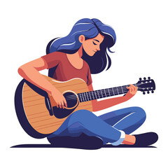 Musician woman playing guitar acoustic vector illustration, female guitarist performing music, String instrument player design template isolated on white background