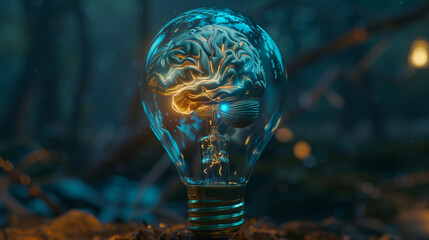 Conceptual Light Bulb with Glowing Brain Illustrating Ideas and Innovation