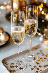 New Years Eve Celebration Background with Champagne and Confetti. Golden Holiday Party