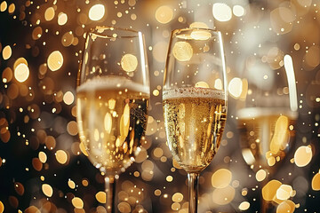 New Years Eve Celebration Background with Champagne and Confetti. Golden Holiday Party