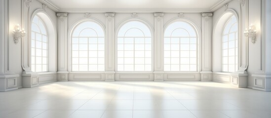 This computer-generated image features a large, luxurious, and modern empty room flooded with natural light from numerous windows. The room is bright and airy,