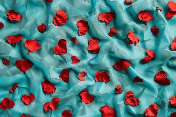 red hearts in a pattern fluttering on a blue background, in the style of aerial view, light turquoise and light black