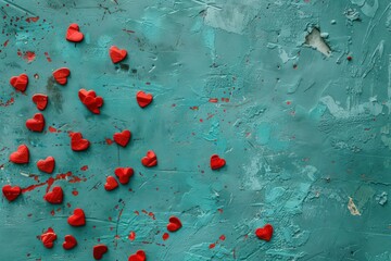 red hearts scattered on turquoise, in the style of flat composition, romantic emotion