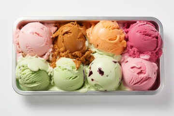 Tempting ice cream on a plastic tray against a white background