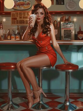 Poster from the 1950s. A girl in a red dress at a bar drinking a cocktail. Pin-up.