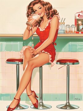 Poster from the 1950s. A girl in a red dress at a bar drinking a cocktail. Pin-up.