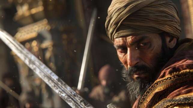 With unwavering determination a Ghulam faces his opponent holding his sword ready to strike in the heat of battle.