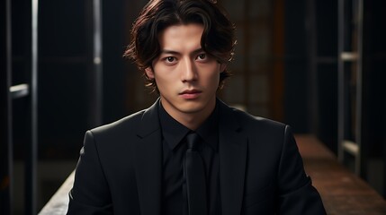 Portrait of a handsome young man in black suit looking at the camera