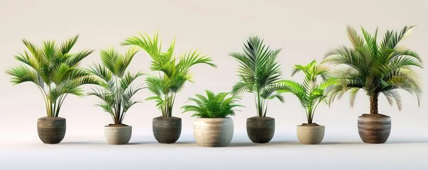 palm trees, palm leaves, green grasses, small flowers, potted in ceramic pots, white background