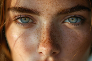 Close-up portrait of a beautiful young girl with freckles