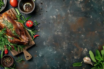 spiced roast duck on board with herbs and spices, in the style of dark gray and cyan, matte background, polished concrete