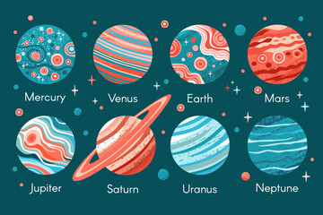 Eight planets of solar system in abstract style of red and blue color on dark background of universe with stars, satellites, names of planets. Vector illustration in flat style on theme of space.